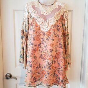 Sugar Lips Boho Floral Lace Bell Sleeve Dress Sz. XS Oversized NWT!